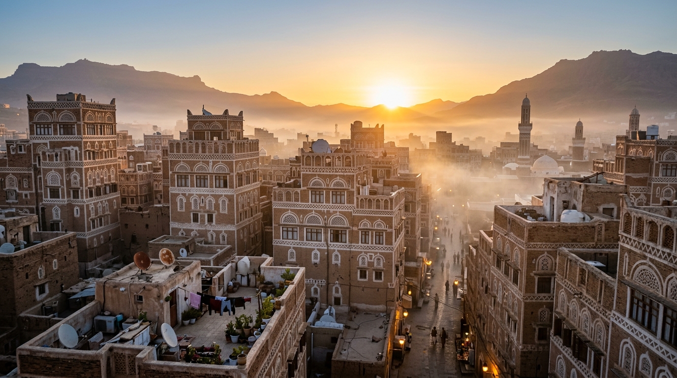 Sunrise over Old Sanaa in Yemen