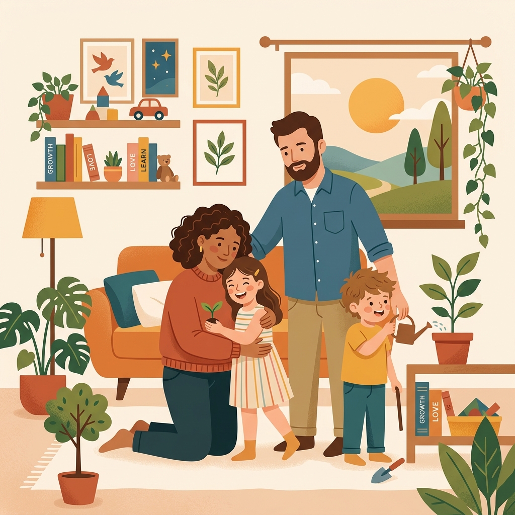 A family surrounding their children with love, care, and guidance