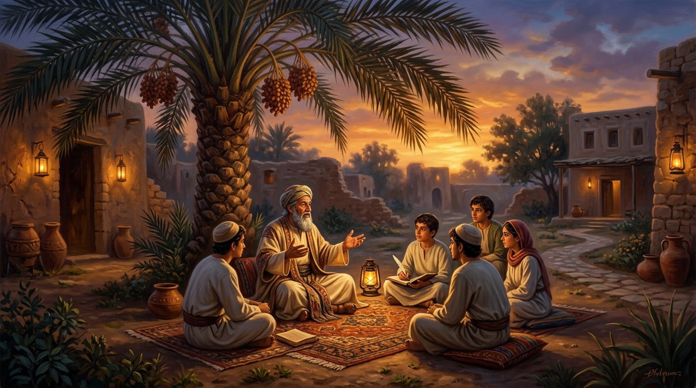 Scholar teaching students under date palm