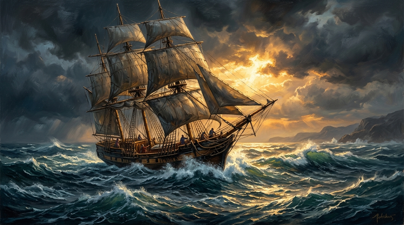A sailing ship braving stormy ocean waves