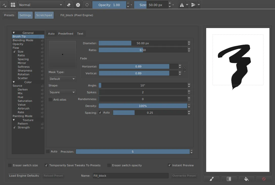 Krita pixel brush engine with various brush presets