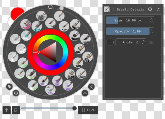 Krita pop-up palette showing brush presets, colour wheel, and view options