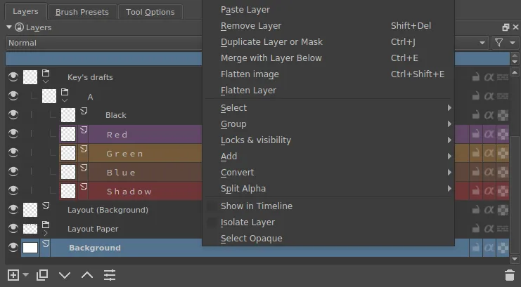 Krita layer and mask controls showing layer groups, masks, and blend modes