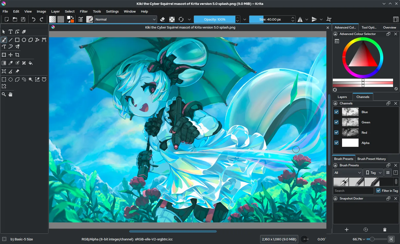 Krita 5.0 main interface showing the canvas, toolbars, and dockers